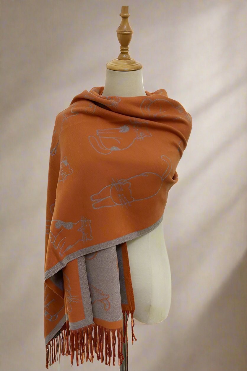 Thick Soft Cat Print Reversible Tasselled Scarf Orange