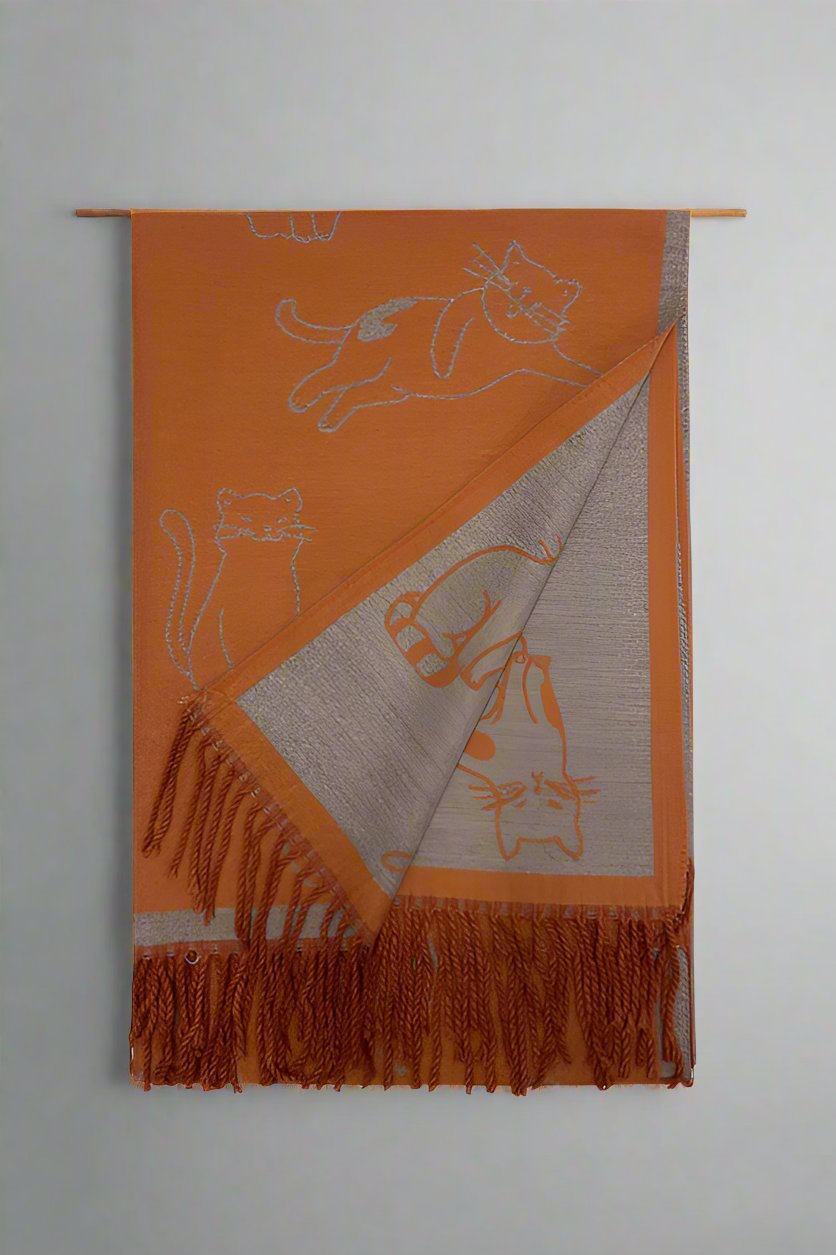 Thick Soft Cat Print Reversible Tasselled Scarf Orange