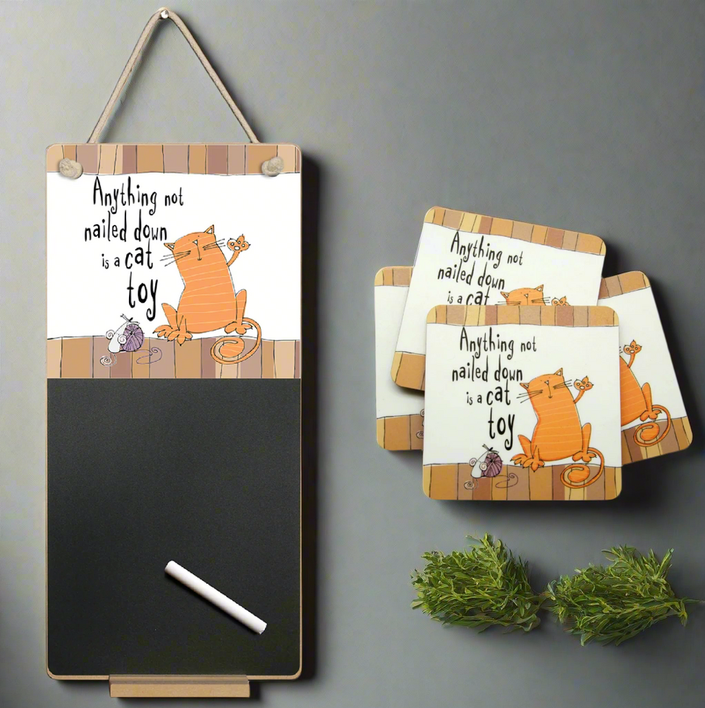 Anything Not Nailed Down Cat Chalkboard & Chalk with Matching Coasters - Gift Set