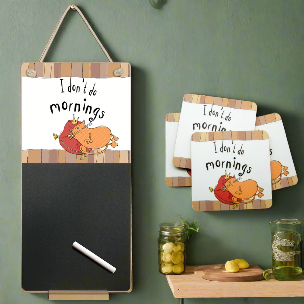 Don't Do Mornings Cat Chalkboard & Chalk with Matching Coasters - Gift Set