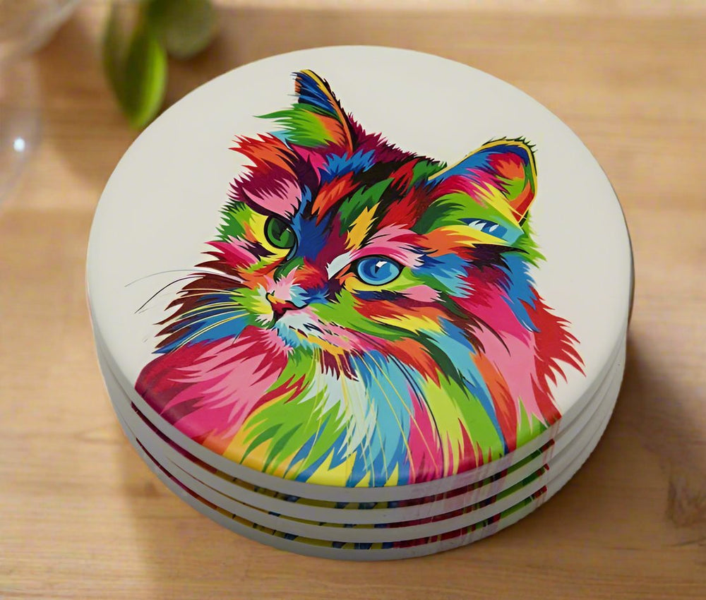 Set of 4 Ceramic Round Rainbow Cat Coasters