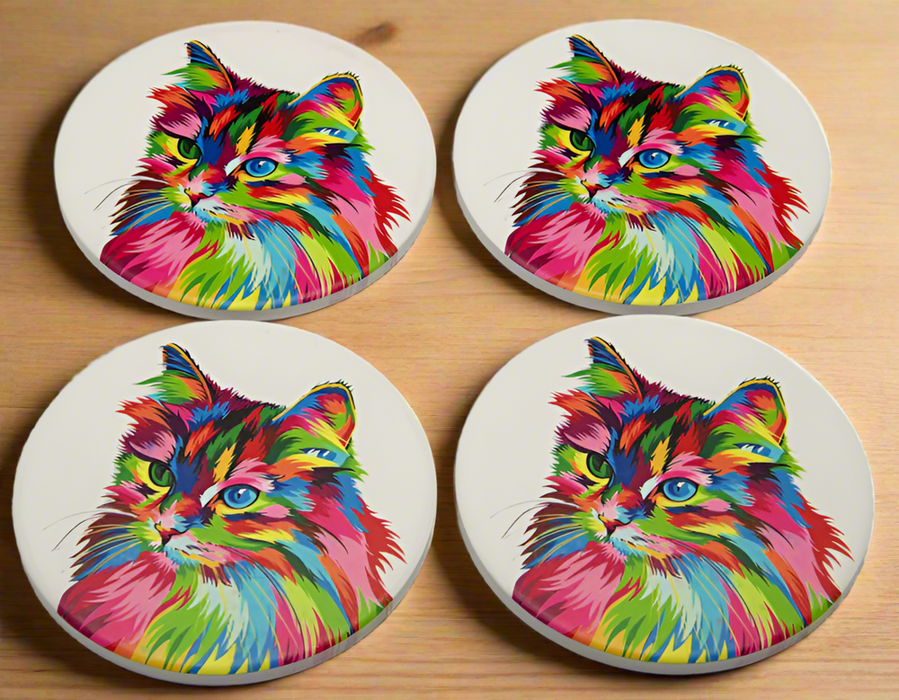 Ceramic Round Rainbow Cat Coasters