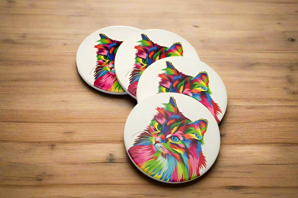 Ceramic Round Rainbow Cat Coasters