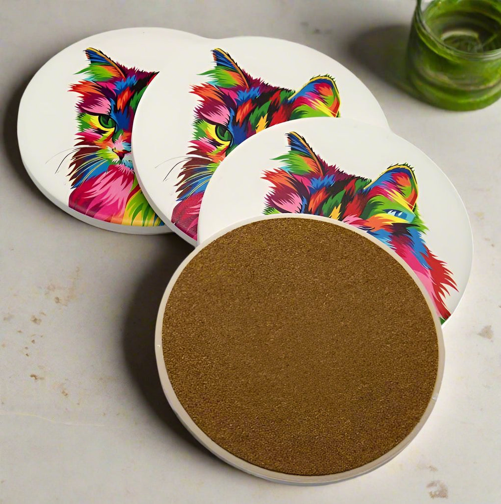 Ceramic Round Rainbow Cat Coasters