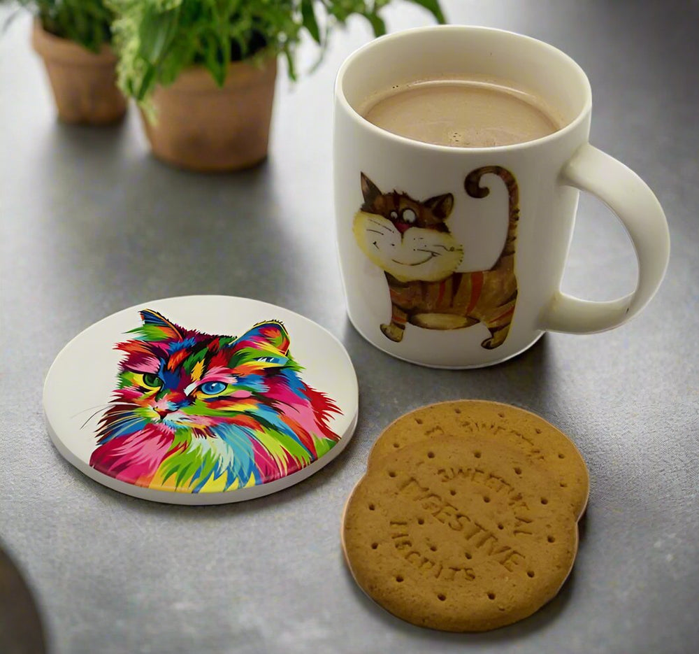 Ceramic Round Rainbow Cat Coasters