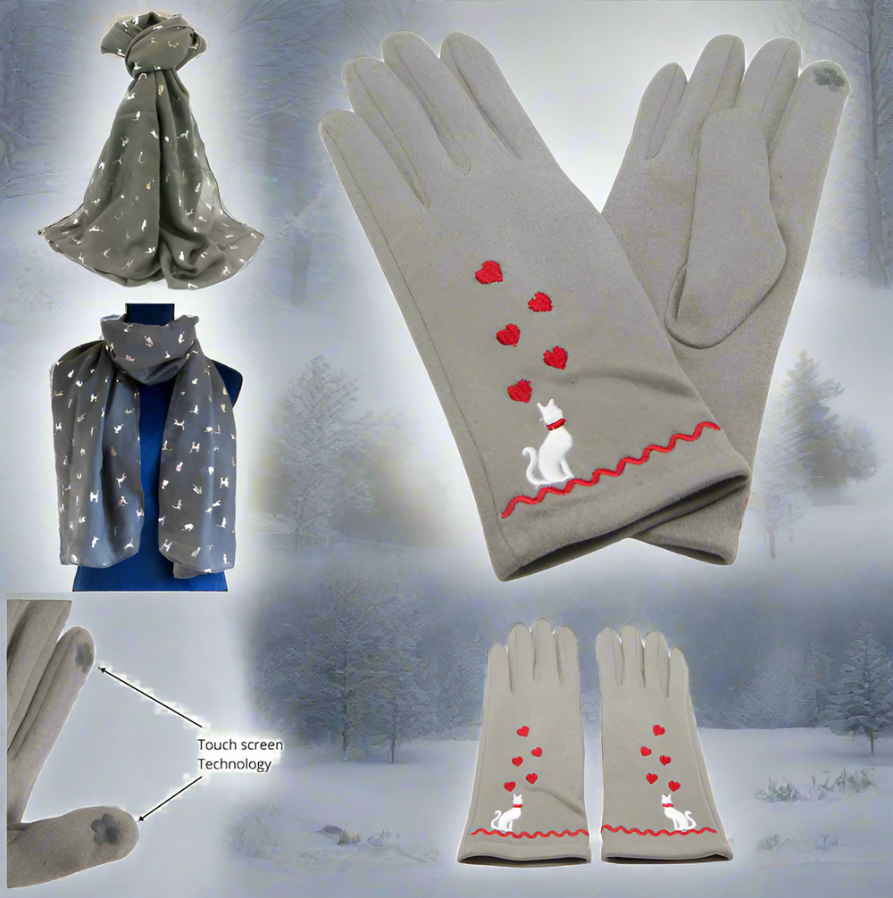 Soft Feel Set of Cat Design Grey Ladies Gloves and Scarf - Gift Set for Her