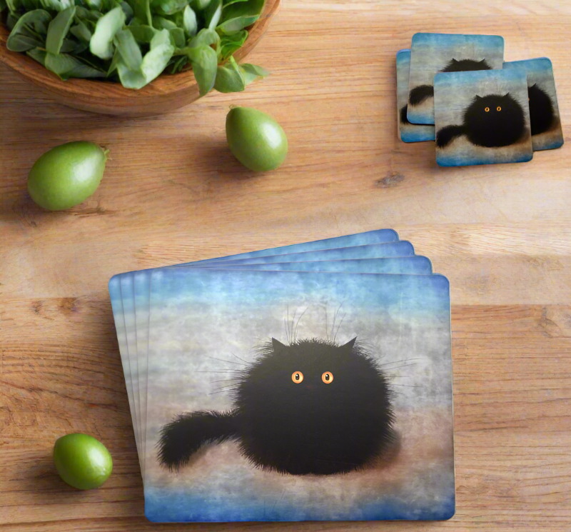 Oreo Black Cat Set of 4 Cat Placemats and 4 Coasters Gift Set