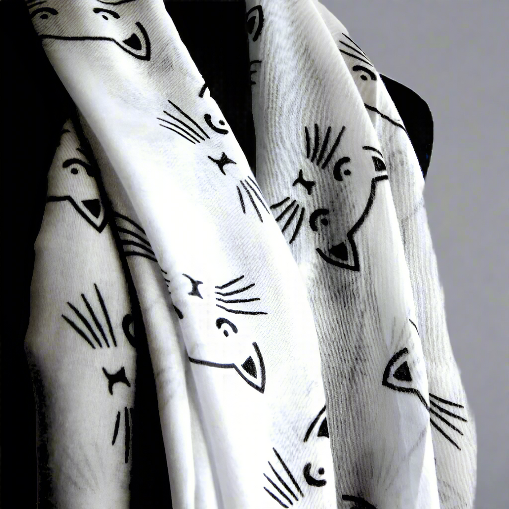 White Black Cat Face Scarf