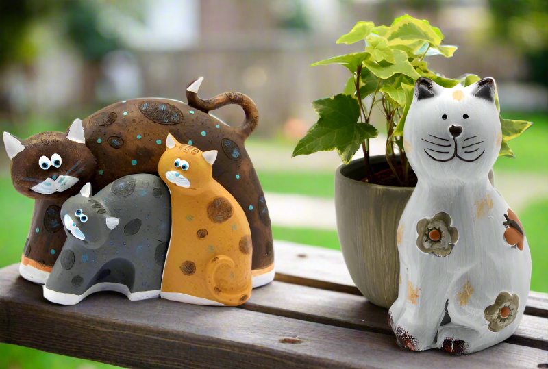 Trio of Cats Ornament and Small Ceramic Cat Planter - Gift Set