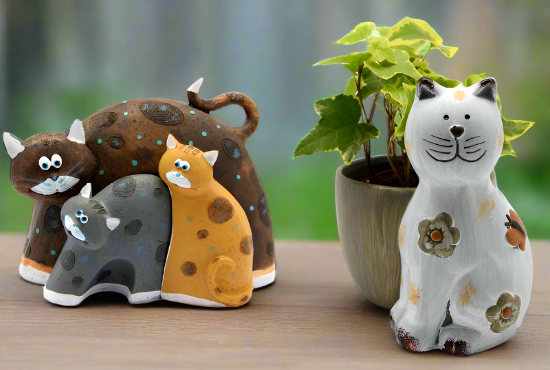 Trio of Cats Ornament and Small Ceramic Cat Planter - Gift Set