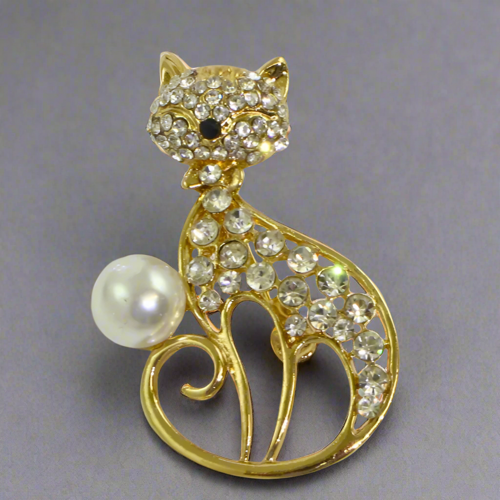 Cat with Pearl Crystal Diamante Cat Crystal Brooch / Scarf Pin