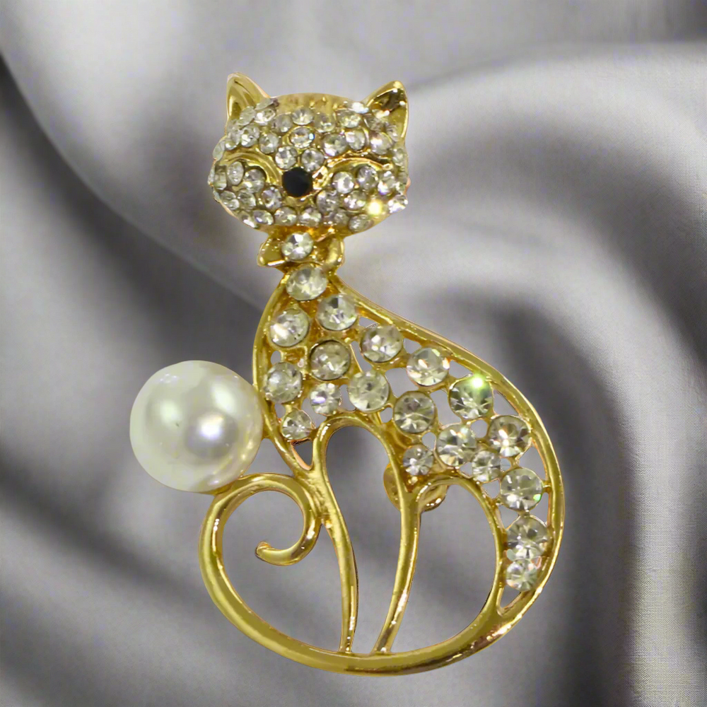 Cat with Pearl Crystal Diamante Cat Crystal Brooch Scarf Pin Purrfect Cat Gifts