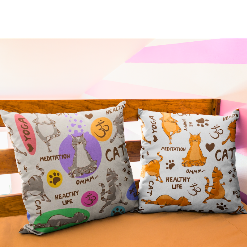 Pair Set Yoga Cat Soft Feel Cushions Cats Ginger and Multicolored Cushion - Gift Set