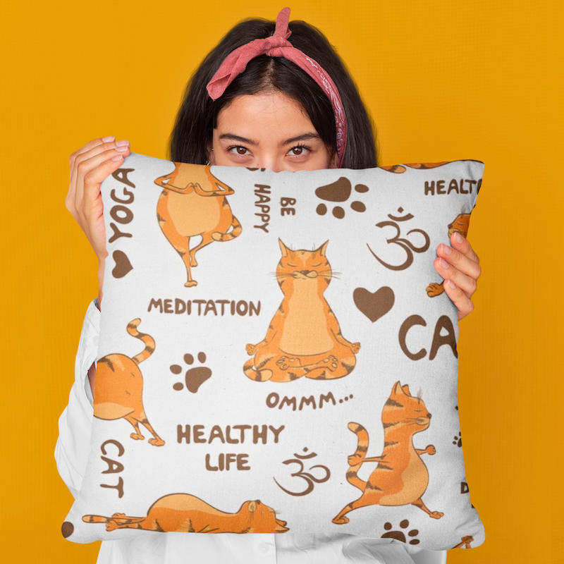 Pair Set Yoga Cat Soft Feel Cushions Cats Ginger and Multicolored Cushion - Gift Set