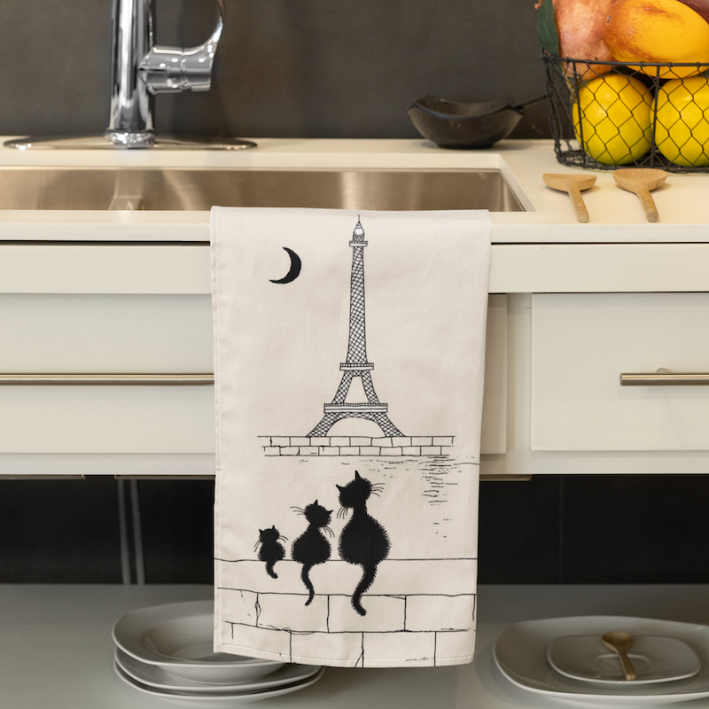 Chats Tour Eiffel Dubout Cats Apron Beige and Matching Tea Towel - Gift Set