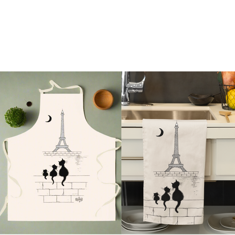 Chats Tour Eiffel Dubout Cats Apron Beige and Matching Tea Towel - Gift Set