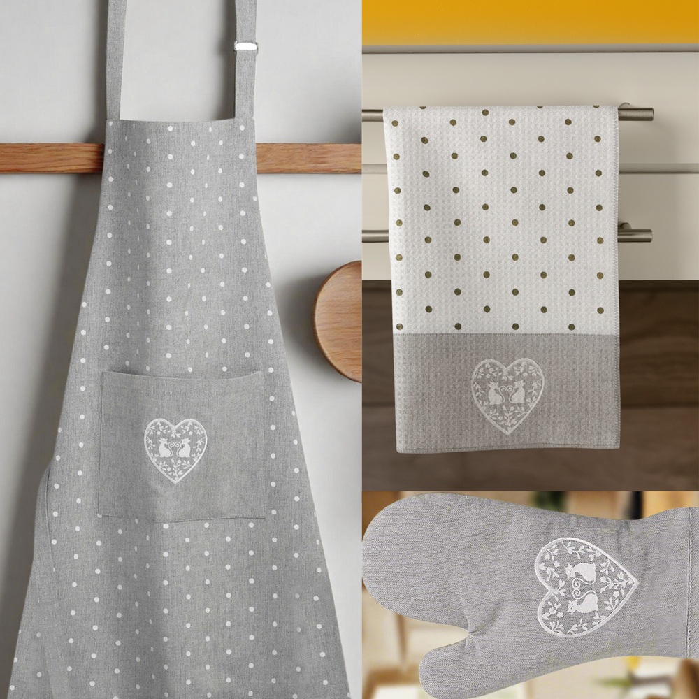 Duo of White Cats in a Heart Tea Towel and Matching Guantlet and Apron - Gift Set