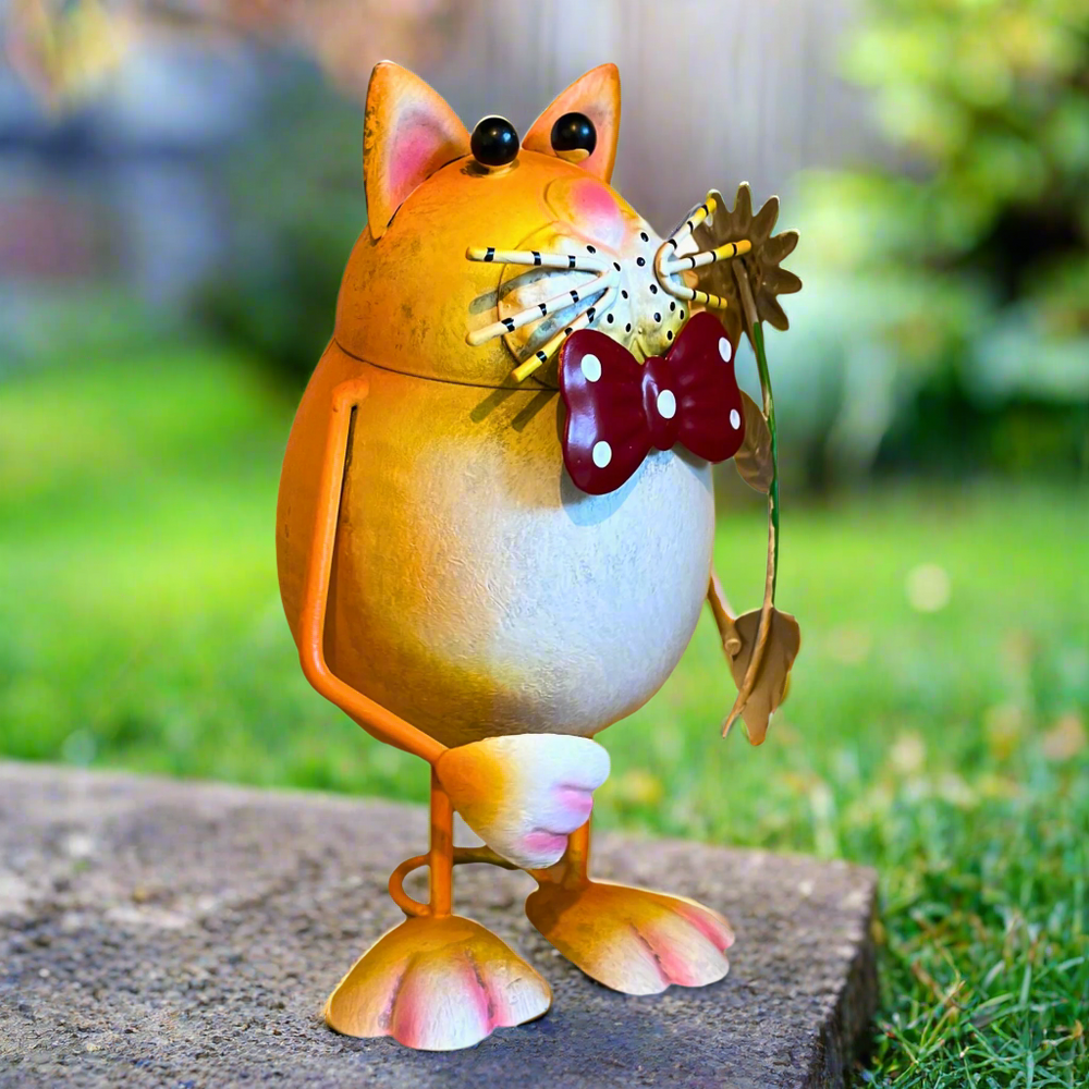 Ginger Cat Holding Flower Metal Bobbin Cat Ornament