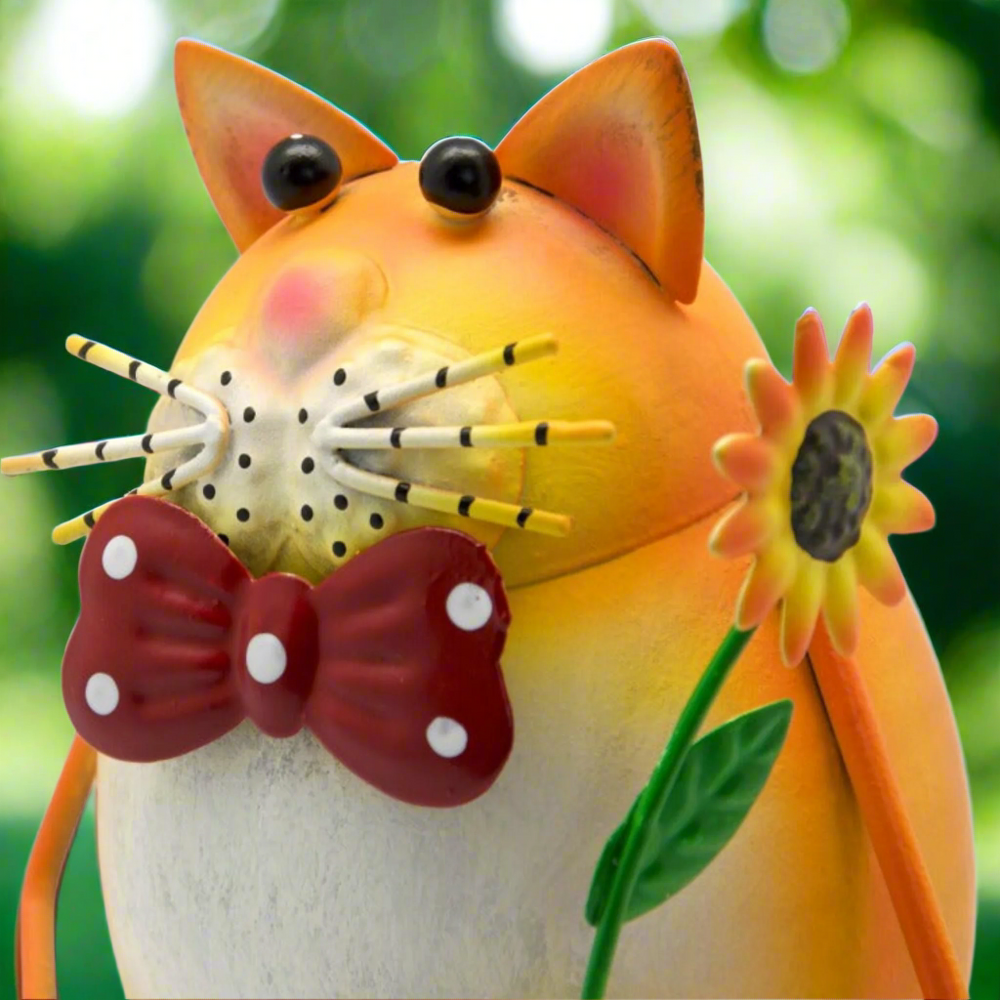 Ginger Cat Holding Flower Metal Bobbin Cat Ornament