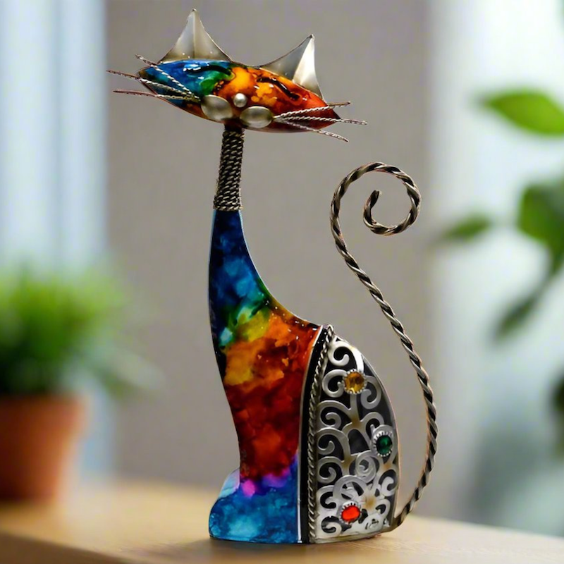 Multicoloured Metal Rainbow Cat Ornament