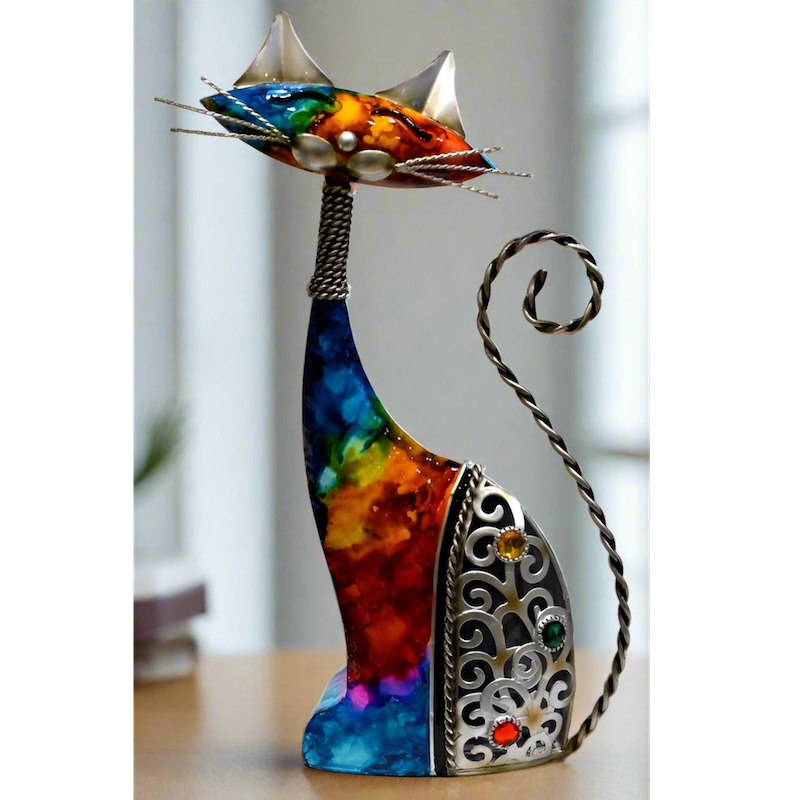 Multicoloured Metal Rainbow Cat Ornament