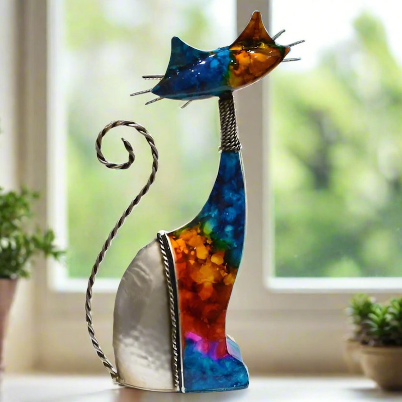 Multicoloured Metal Rainbow Cat Ornament