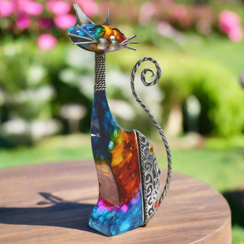 Multicoloured Metal Rainbow Cat Ornament