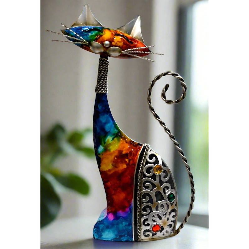 Multicoloured Metal Rainbow Cat Ornament