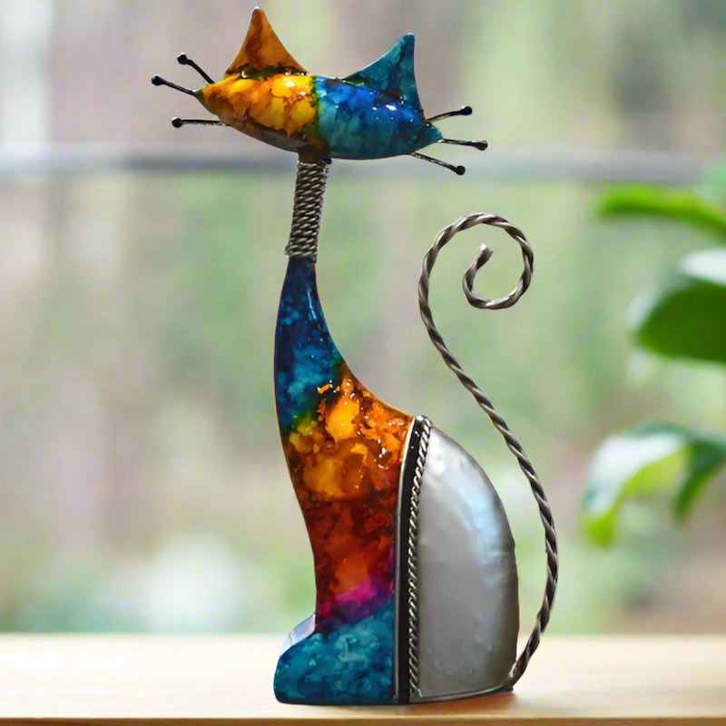 Multicoloured Metal Rainbow Cat Ornament