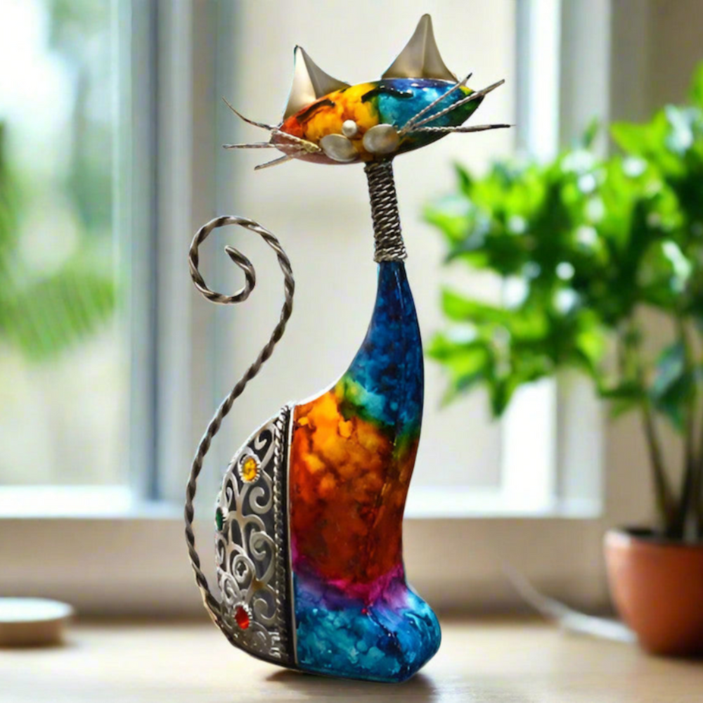 Multicoloured Metal Rainbow Cat Ornament