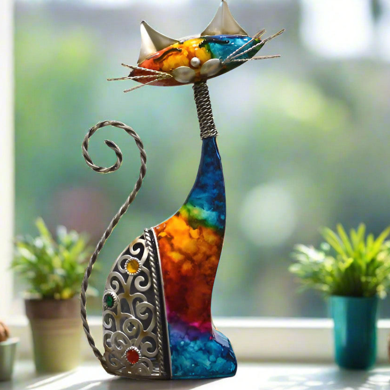 Multicoloured Metal Rainbow Cat Ornament