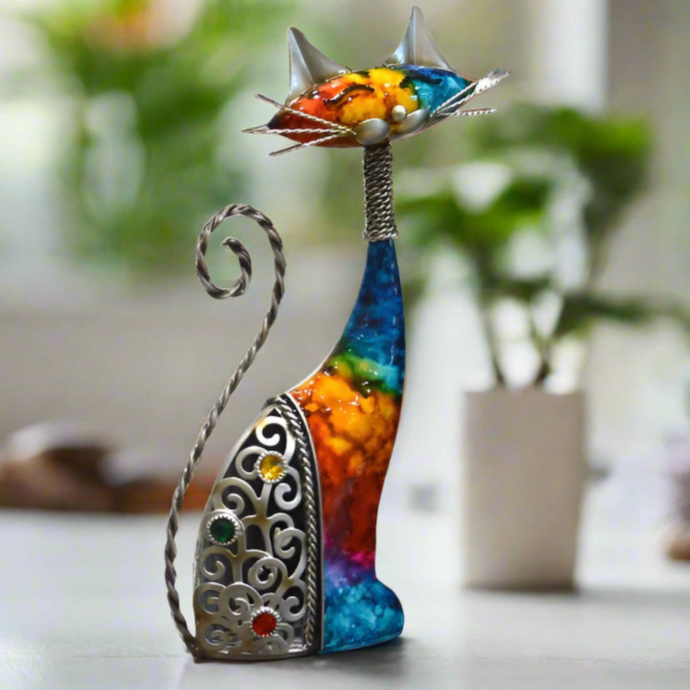 Multicoloured Metal Rainbow Cat Ornament