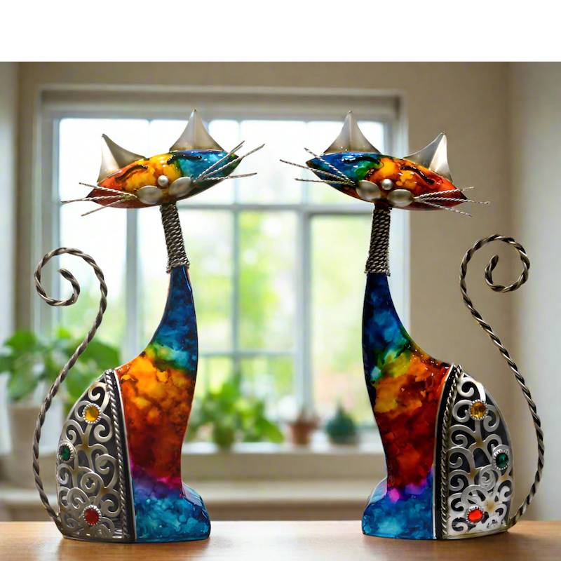 Multicoloured Metal Rainbow Cat Ornament