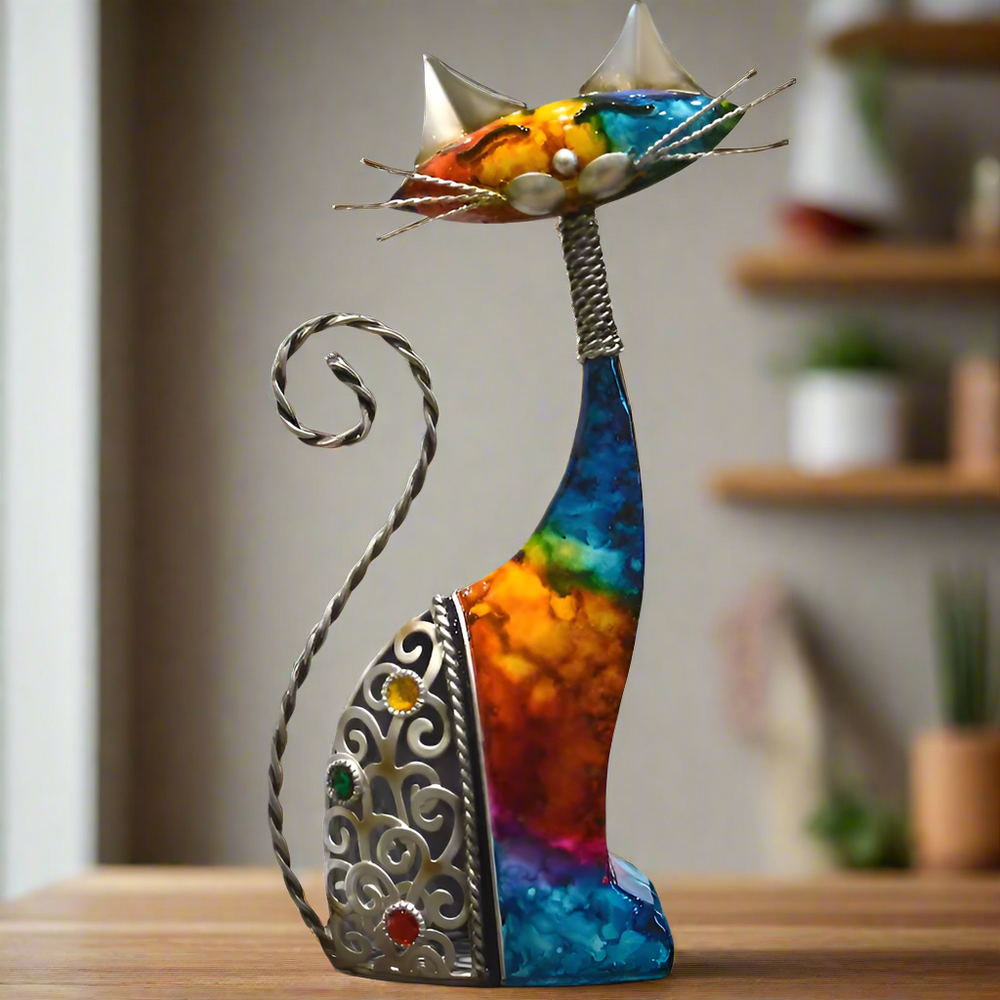 Multicoloured Metal Rainbow Cat Ornament