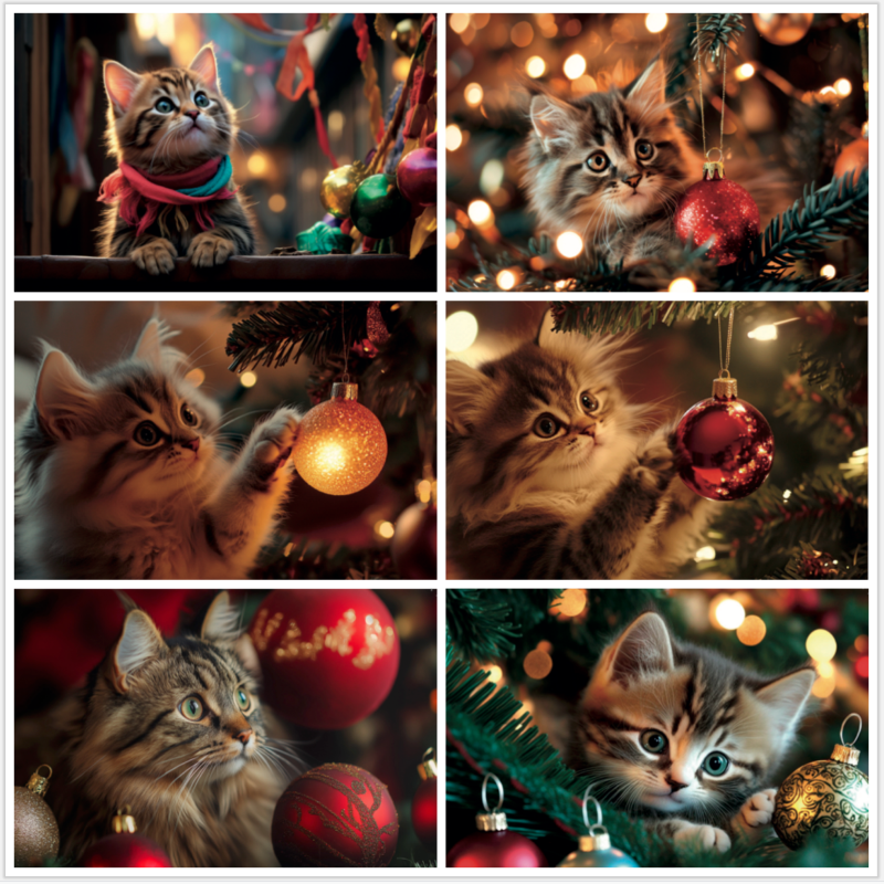 6 x Selection Cute Kitten Cats Christmas Cards - Card Set