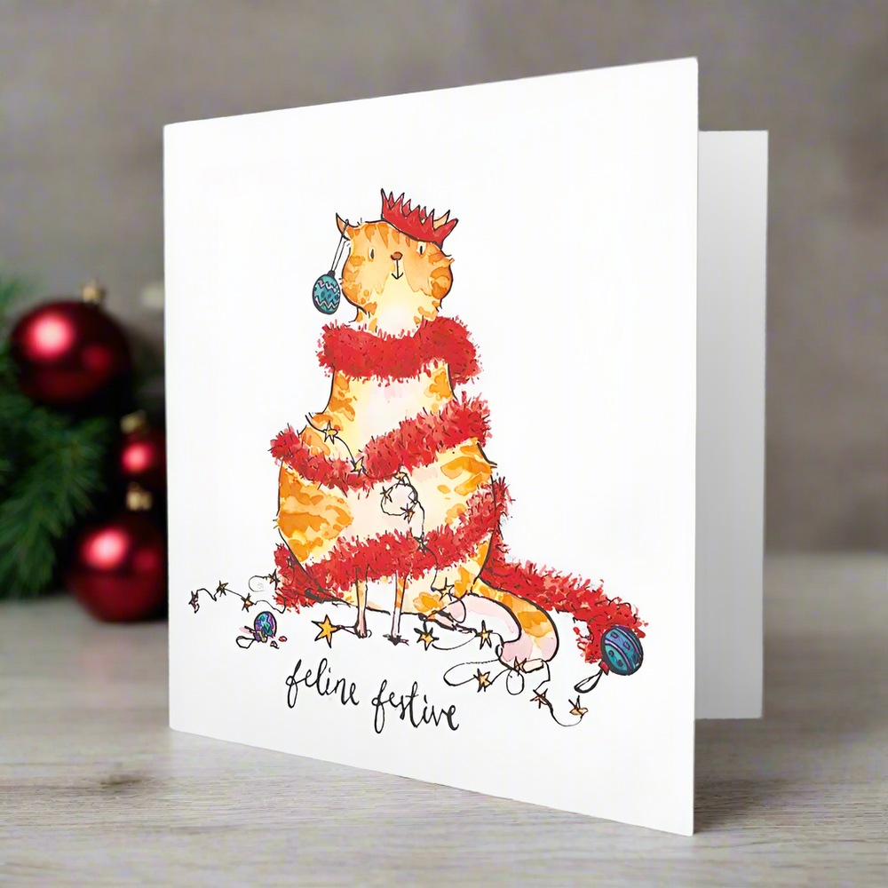 'Feline Festive' Funny Cat Christmas Greeting Card by Holly Surplice