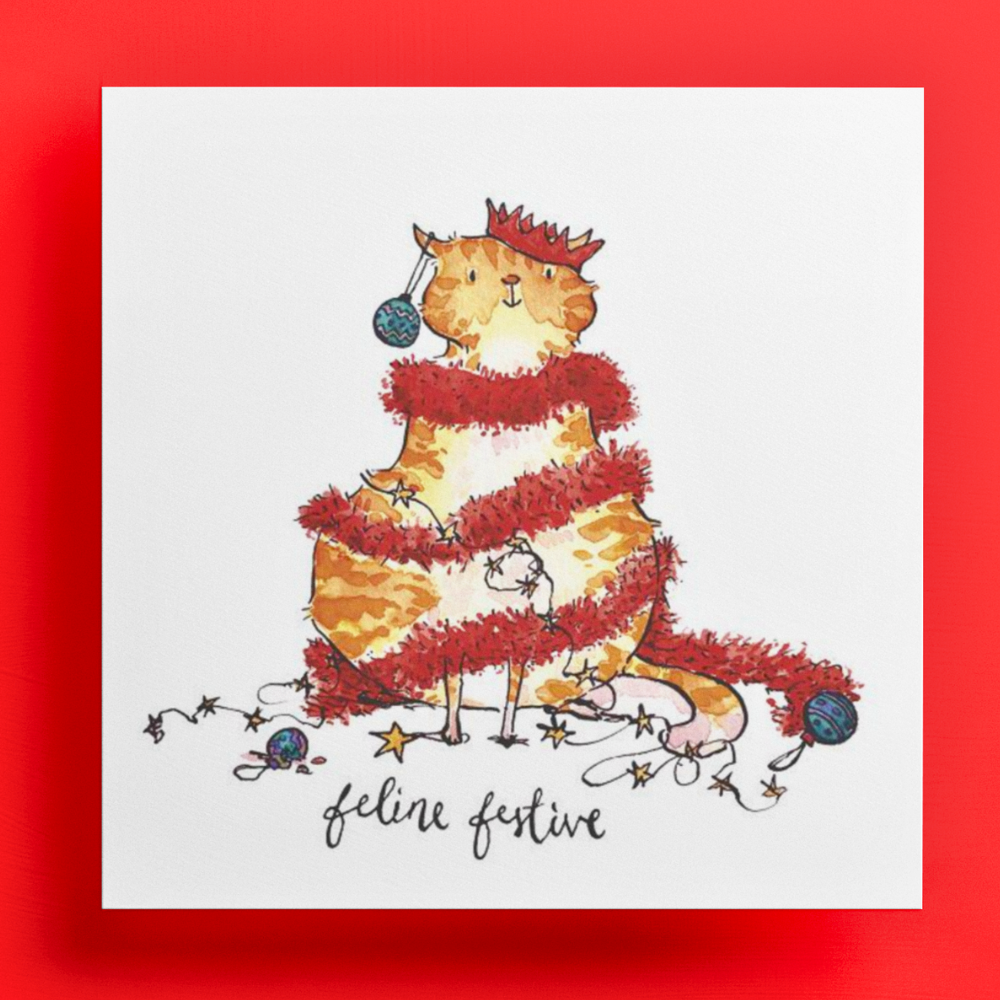 'Feline Festive' Funny Cat Christmas Greeting Card by Holly Surplice