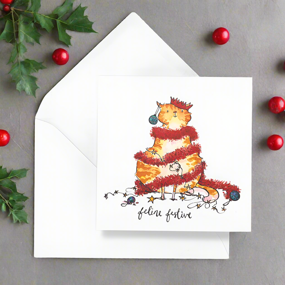 'Feline Festive' Funny Cat Christmas Greeting Card by Holly Surplice