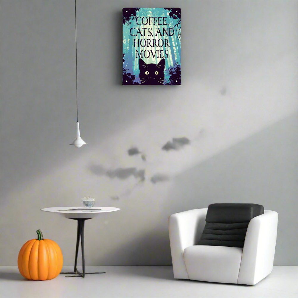 Coffee, Cats and Horror Movies Black Cat Metal Hanging Sign