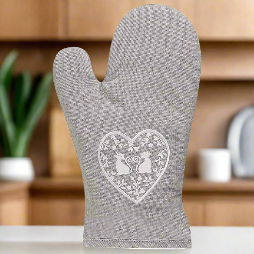 Duo of White Cats in a Heart Grey Oven Glove / Gauntlet