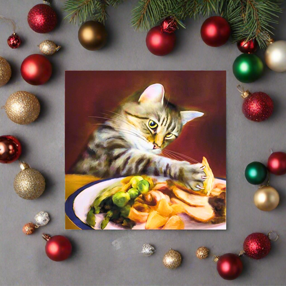 'Takeaway Turkey' Christmas Cat Greeting Card