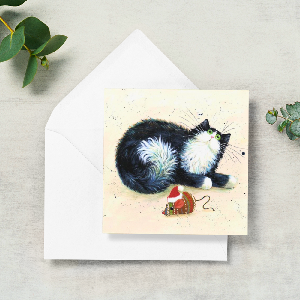 'Merry Christmouse' Black & White Cat Greeting Christmas Card by Kim Haskins