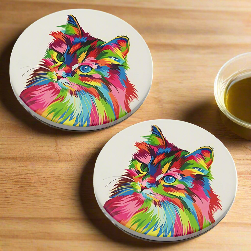 Ceramic Round Rainbow Cat Coasters