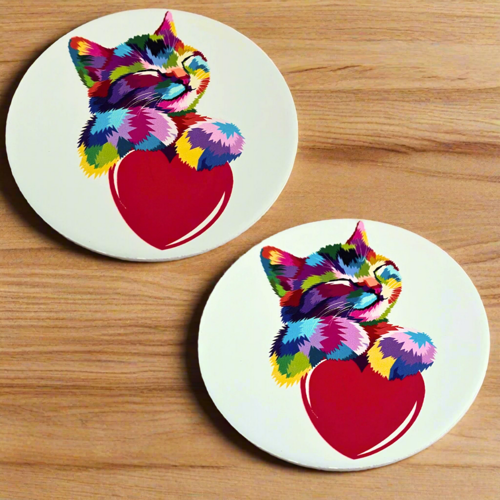 Ceramic Round Rainbow Kitten and Heart Cat Coasters