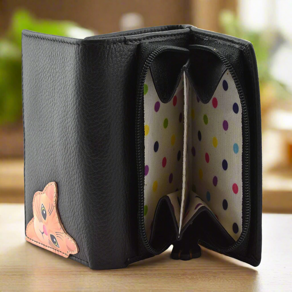 Mala Leather Cleo the Cat Small Tri Fold Cat Purse Black