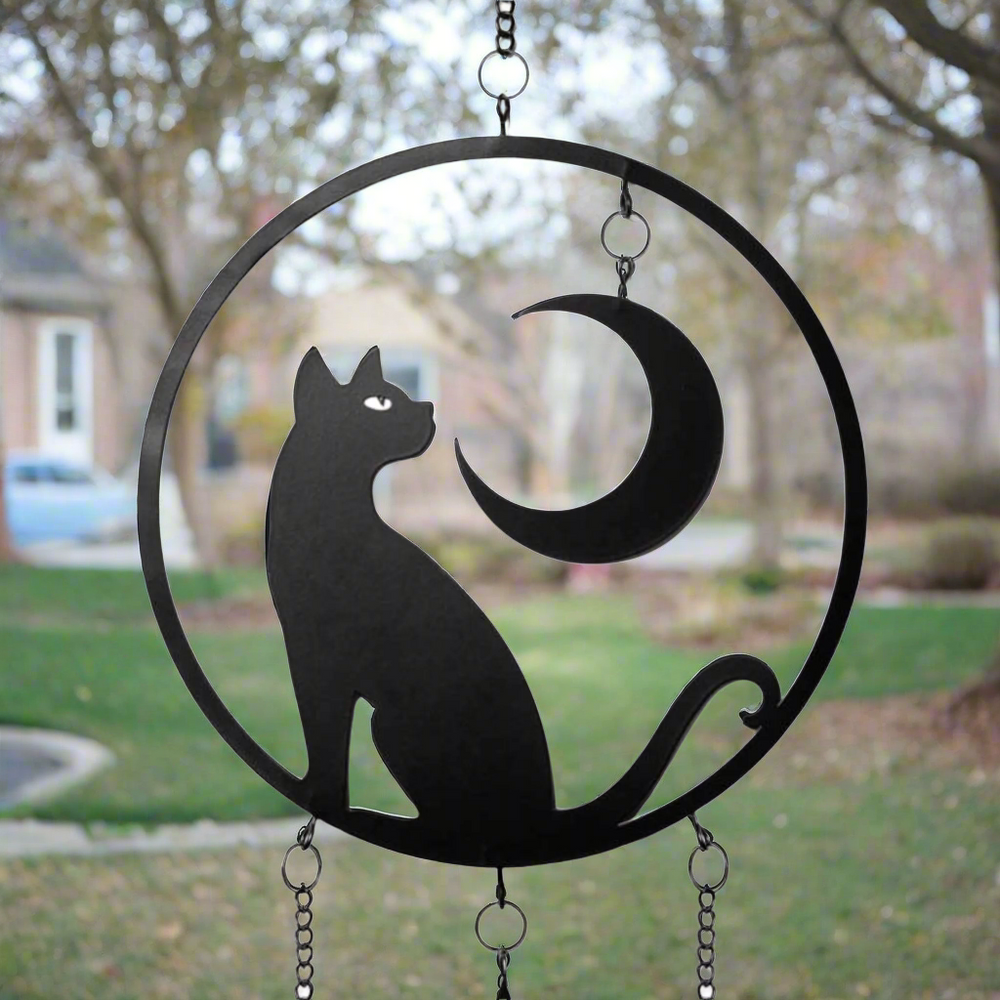 Black Cat and Moon Steel Wind Chime Hanging Decoration Large