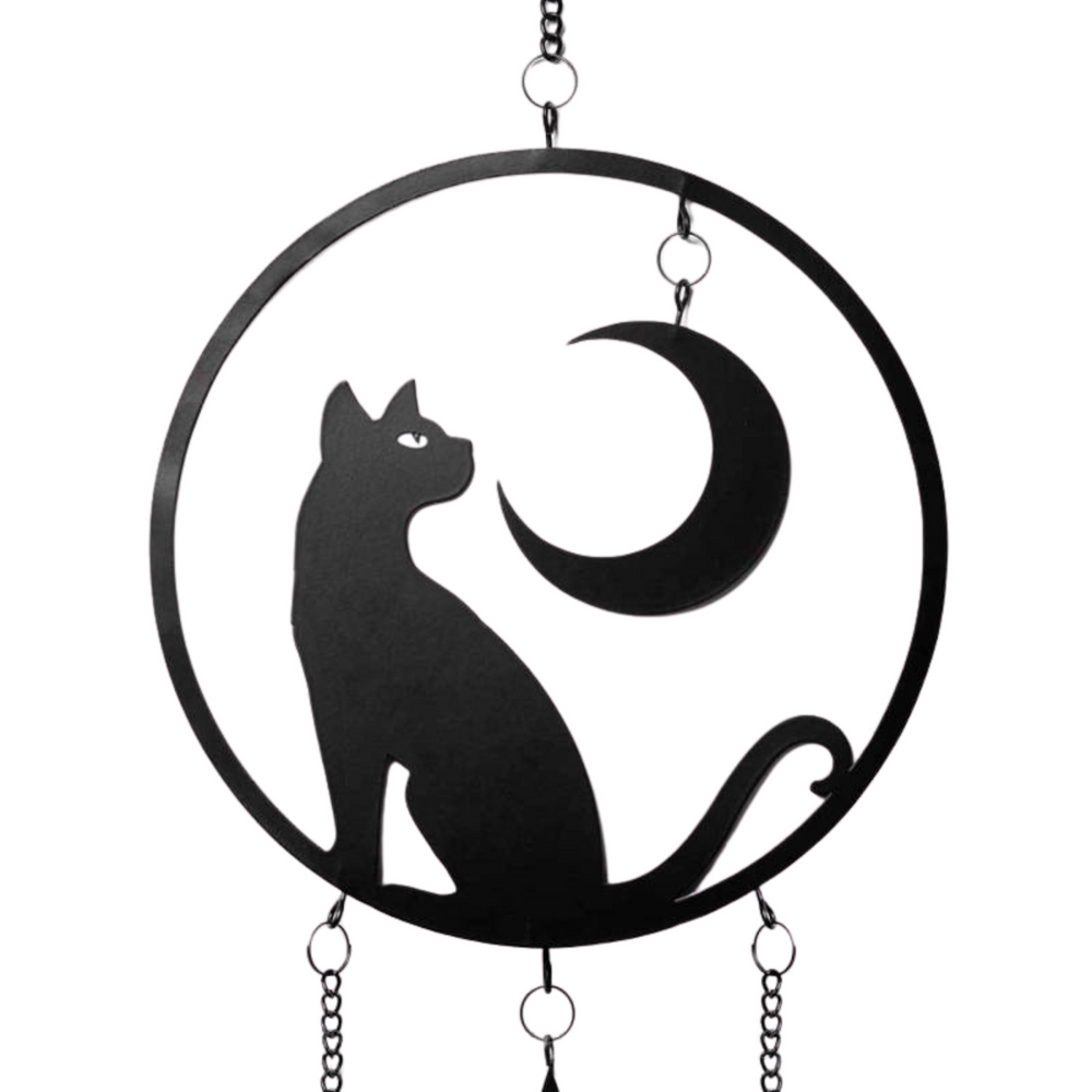 Black Cat and Moon Steel Wind Chime Hanging Decoration Large