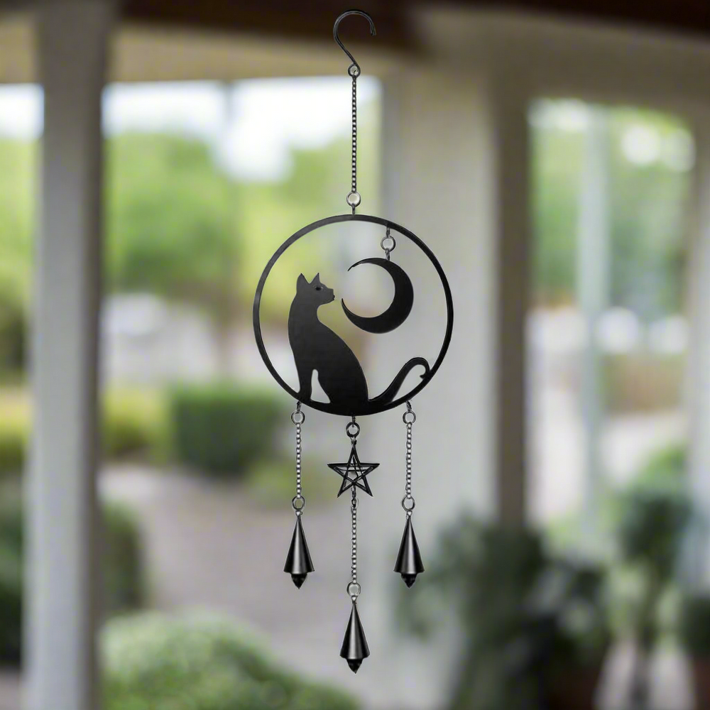 Black Cat and Moon Steel Wind Chime Hanging Decoration Large