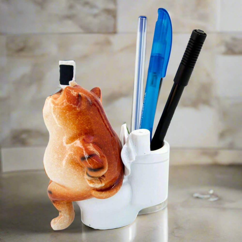 Ginger Fat Cat Taking Selfie on Toilet Ceramic Ornament Pen Holder