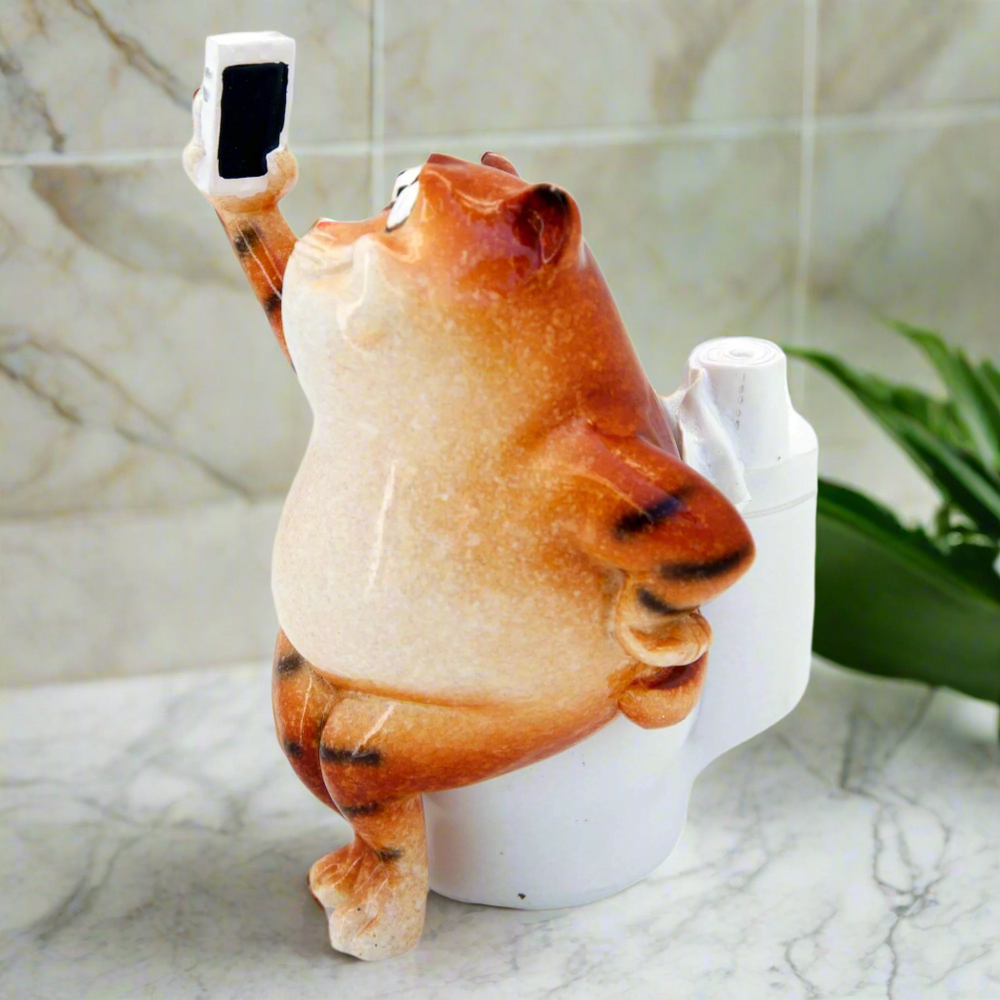 Ginger Fat Cat Taking Selfie on Toilet Ceramic Ornament Pen Holder